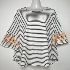 Ruby Rd White Black Stripes Floral Bell Sleeves Boxy Top Wpmen Size PXL Stretch